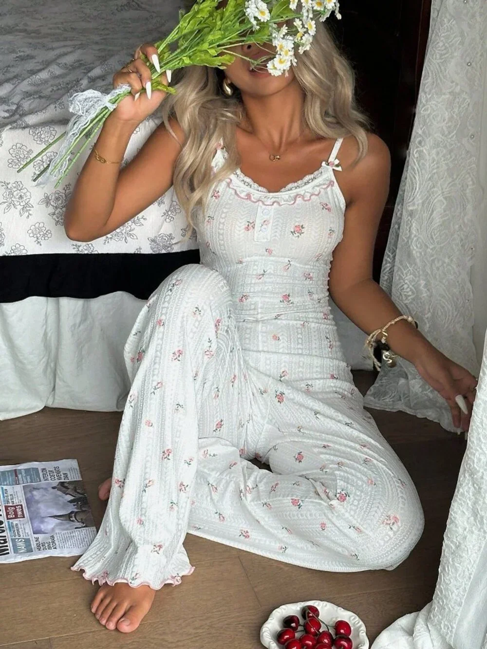 White Casual Women's Lace detailed Open Back Design Pajama Jumpsuit